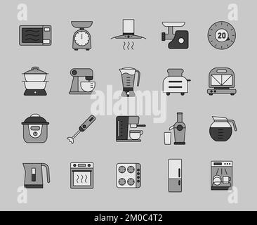 Kitchen appliances electronic electrical equipment tool vector grayscale icon set. Graph symbol for cooking web site and apps design, logo, app, UI Stock Vector