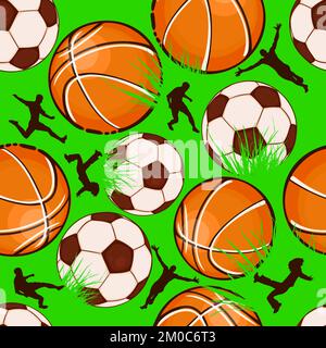 Seamless pattern sports balls football players. Vector illustration Stock Vector