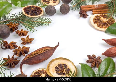 Holidays background. Ingredients of Christmas cake on white background. Christmas and New Year concept. Flat lay. Copy space. Stock Photo