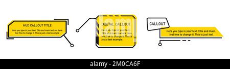 Futuristic callouts titles. Info boxes, digital information labels, modern description banner. Stock Vector