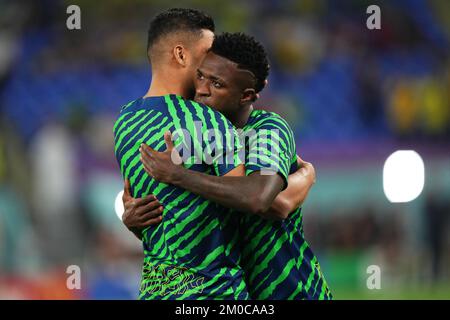 Doha, Qatar. Dec 5, 202Carlos Henrique Casemiro and Vinicius Junior of Brazil during the FIFA World Cup Qatar 2022 match, round of 16, between Brazil and South Korea played at  Stadium 974 on Dec 5, 2022 in Doha, Qatar. (Photo by Bagu Blanco / PRESSIN) Stock Photo