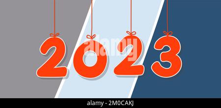 Red text 2023 holiday word hanging on the ropes. Happy new year. Stock Vector