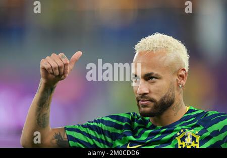 Doha, Qatar. 5th Dec, 2022. Neymar of Brazil reacts before the Round of 16 match between Brazil and South Korea at the 2022 FIFA World Cup at Stadium 974 in Doha, Qatar, Dec. 5, 2022. Credit: Chen Cheng/Xinhua/Alamy Live News Stock Photo