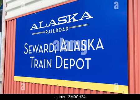 Seward, AK - September 1, 2022: Sign outside the Seward railroad train station of the Alaska Railroad Stock Photo