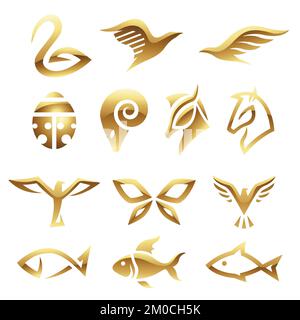 Golden Glossy Abstract Animal Icons on a White Background Stock Vector