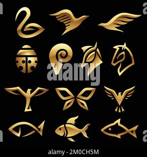 Golden Glossy Abstract Animal Icons on a Black Background Stock Vector