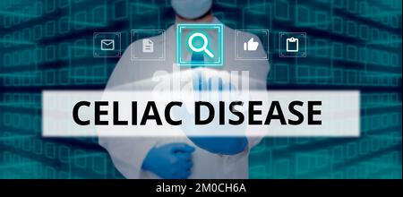 Text sign showing Celiac Disease. Word for Small intestine is hypersensitive to gluten Digestion problem Stock Photo