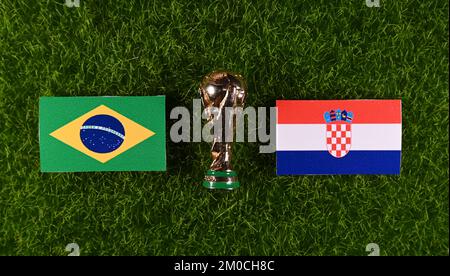 December 5, 2022, Doha, Qatar. Flags of the Fifa World Cup quarter-finals of the national teams of Brazil and Croatia. Stock Photo