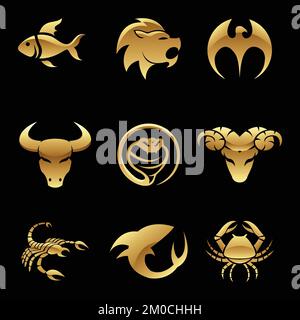 Golden Glossy Animal Icons on a Black Background Stock Vector