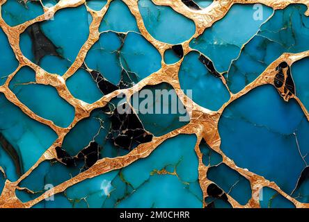 Sea blue and gold Turquoise marble abstract background. Decorative acrylic paint pouring rock marble texture. Horizontal Sea blue and gold Turquoise cyan abstract pattern. Stock Photo