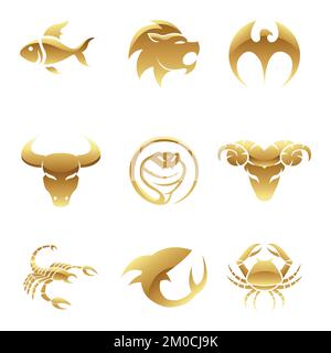Golden Glossy Animal Icons on a White Background Stock Vector