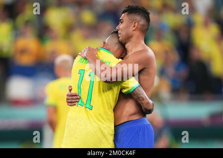Doha, Qatar. Dec 5, 202Carlos Henrique Casemiro with Raphael Dias Belloli Raphinha of Brazil during the FIFA World Cup Qatar 2022 match, round of 16, between Brazil and South Korea played at  Stadium 974 on Dec 5, 2022 in Doha, Qatar. (Photo by Bagu Blanco / PRESSIN) Stock Photo