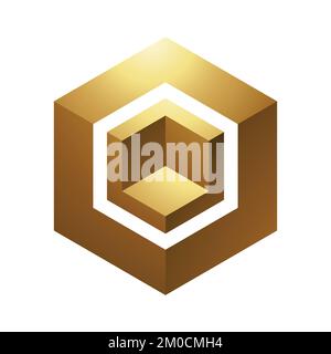 Golden Hexagonal Cube on a White Background Stock Vector