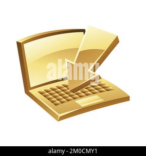 Golden Laptop and Download Icon on a White Background Stock Vector