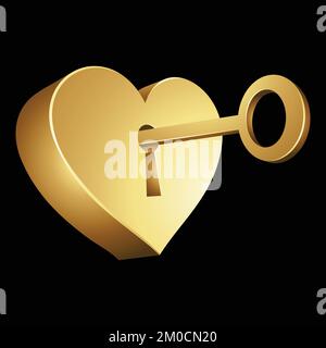 Golden Key Unlocking a Heart Shaped Lock on a Black Background Stock Vector