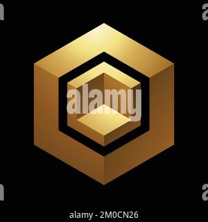 Golden Hexagonal Cube on a Black Background Stock Vector