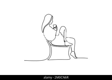 Cute girl sitting and drinking coffee. One continuous line drawing design for hygge concept Stock Vector
