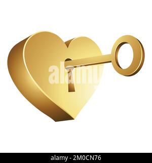 Golden Key Unlocking a Heart Shaped Lock on a White Background Stock Vector
