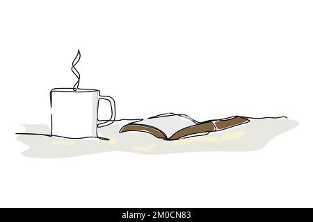 Smoke come out form a hot cup of coffee and a book on the soft bed. One continuous line drawing hand drawn design type for hygge concept Stock Vector