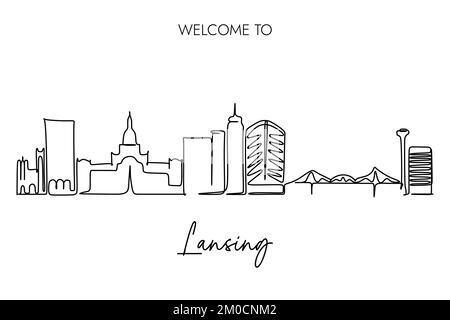 Continuous one line drawing of Lansing Skyline with Welcome to Lansing Copywriting. Hand drawing style design for The capital city of Michigan United Stock Vector