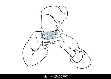 A cute adult woman having a cup of coffee. One continuous line drawing hand drawn design type for hygge concept Stock Vector