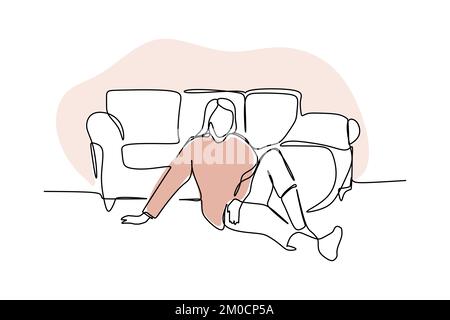 An adult female relax next to the couch. One continuous line drawing hand drawn design type for hygge concept Stock Vector
