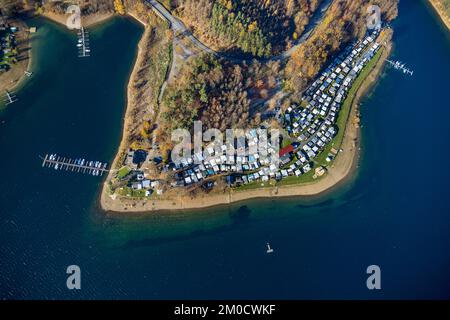 Aerial view, Sorpesee with family camping Sorpesee campsite in district Langscheid in Sundern, Sauerland, North Rhine-Westphalia, Germany, Camping, Ca Stock Photo