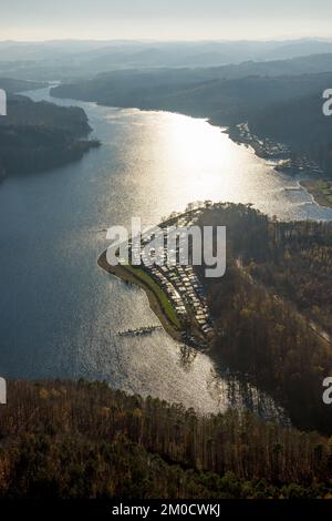 Aerial view, Sorpesee in backlight with family camping Sorpesee campsite in district Langscheid in Sundern, Sauerland, North Rhine-Westphalia, Germany Stock Photo