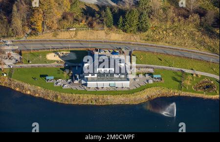 Aerial view, restaurant Heimathafen at the lakeside promenade at Sorpesee in the district Amecke in Sundern, Sauerland, North Rhine-Westphalia, German Stock Photo