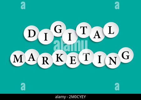 Digital marketing inscription composed of paper wheels with shadow, digital marketing, social media advertising, vector commercial business icons Stock Vector