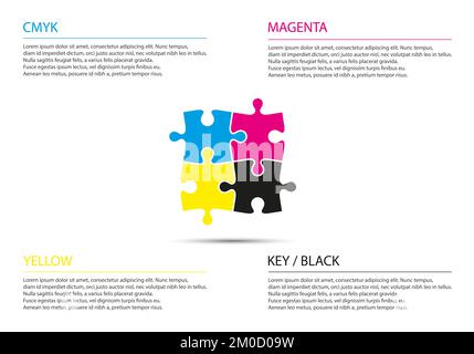 Puzzle infographic business concept with cmyk colors, four puzzle pieces connected to each other, modern simple vector illustration Stock Vector