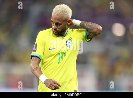 Doha, Qatar. 5th Dec, 2022. Neymar of Brazil reacts during the Round of 16 match between Brazil and South Korea at the 2022 FIFA World Cup at Stadium 974 in Doha, Qatar, Dec. 5, 2022. Credit: Xu Zijian/Xinhua/Alamy Live News Stock Photo