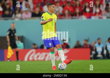 Qatar, 05/12/2022, Doha, Qatar. 05th Dec, 2022. Thiago Silva of Brazil looks to pass during the FIFA World Cup Qatar 2022 match between Brazil and South Korea at Stadium 974, Doha, Qatar on 5 December 2022. Photo by Peter Dovgan. Editorial use only, license required for commercial use. No use in betting, games or a single club/league/player publications. Credit: UK Sports Pics Ltd/Alamy Live News Stock Photo