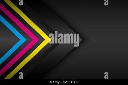 Cmyk arrows on black metal background. Abstract modern vector template with place for your text. Material design widescreen background Stock Vector