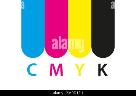 Cmyk print icon. Four circles in cmyk colors symbols. Cyan, magenta, yellow, key, black wheels isolated on white background Stock Vector