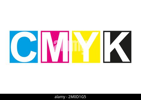Cmyk print icon. Four squares in cmyk colors symbol. Cyan, magenta, yellow, key, black stripes isolated on white background Stock Vector