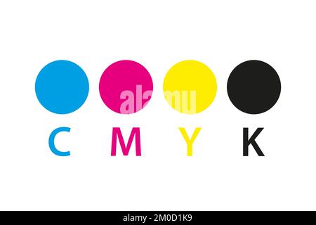 Cmyk print icon. Four circles in cmyk colors symbols. Cyan, magenta, yellow, key, black wheels isolated on white background Stock Vector