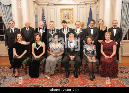 The John F. Kennedy Center for the Performing Arts has selected the 45th Honorees for lifetime artistic achievements: acclaimed actor and filmmaker George ClooneyGeorge Clooneygeorge; contemporary Christian and pop singer-songwriter Amy Grant; legendary singer of soul, Gospel, R&B, and pop Gladys Knight; Cuban-born American composer, conductor, and educator Tania León; and iconic Irish rock band U2, comprised of band members Bono, The Edge, Adam Clayton, and Larry Mullen Jr. Stock Photo