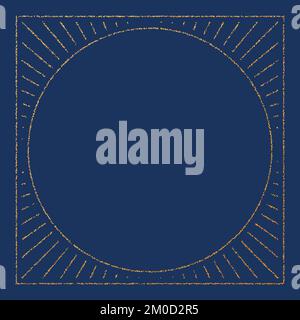 Gold dotted frame with sunbeams. Golden foil embossed border with shining effects. Vintage stippled glowing rays background. Golden luxury design Stock Vector