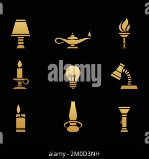 Golden Light Sources Icons on a Black Background Stock Vector