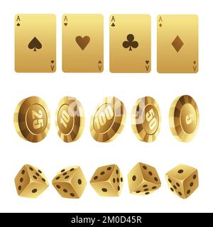 Golden Playing Cards Roulette Chips and Dices on a White Background Stock Vector