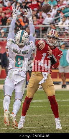 Miami Dolphins safety Jevon Holland (8) defends in the third quarter during  an NFL football game against the San Francisco 49ers, Sunday, Dec. 04, 2022  in Santa Clara, Calif. (AP Photo/Lachlan Cunningham