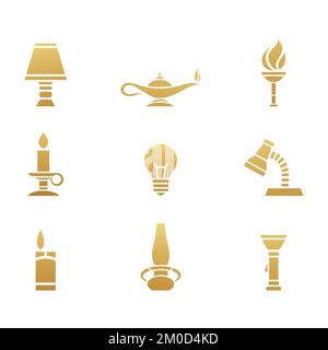 Golden Light Sources Icons on a White Background Stock Vector