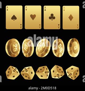 Golden Playing Cards Roulette Chips and Dices on a Black Background Stock Vector