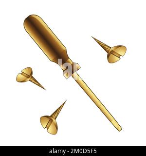 Golden Screwdriver and Screws on a White Background Stock Vector