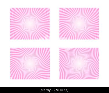 Set of pink circus backgrounds. Rosy sunsets, radial twisted stipes, pinwheel pattern. Strawberry bubble gum, sweet lollipop candy, ice cream texture. Clipping mask. Vector cartoon illustration Stock Vector