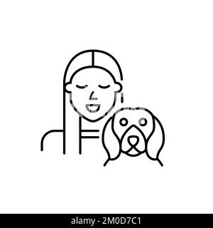 Pretty young girl and her beagle puppy. Happy dog owner icon. Pixel perfect, editable stroke Stock Vector