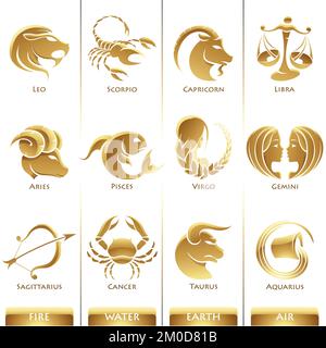 Golden Zodiac Star Signs on a White Background Stock Vector