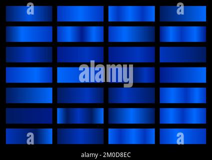 Vector set of blue metallic gradients. Swatches collection. Shiny gradient set on black background. Metal texture Stock Vector