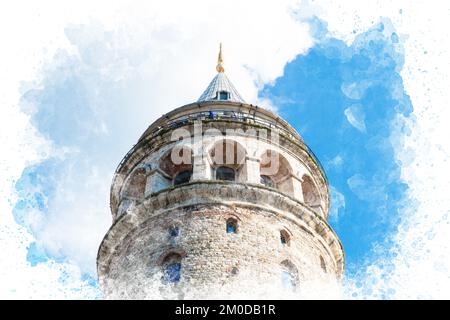 Watercolor illustration of Galata Tower in Istanbul Turkey. Travel to turkey. Touristic places in Turkey Stock Photo